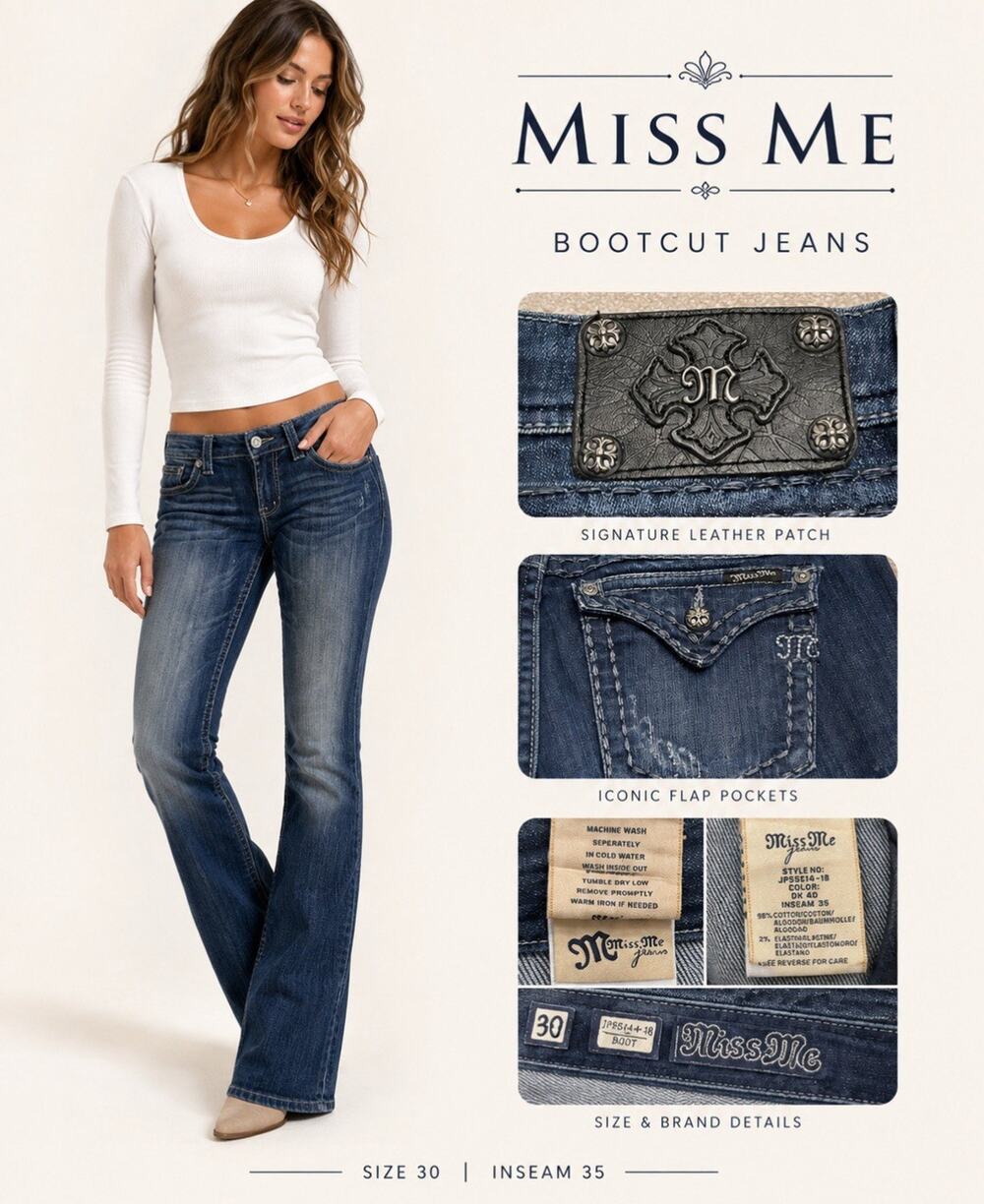 Y2K Indie Sleaze Miss Me Bootcut Jeans Size 30 Dark Wash Indigo Signature Patch